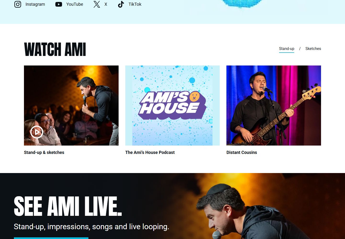 Stand-up clips and live shows on the Ami Kozak website